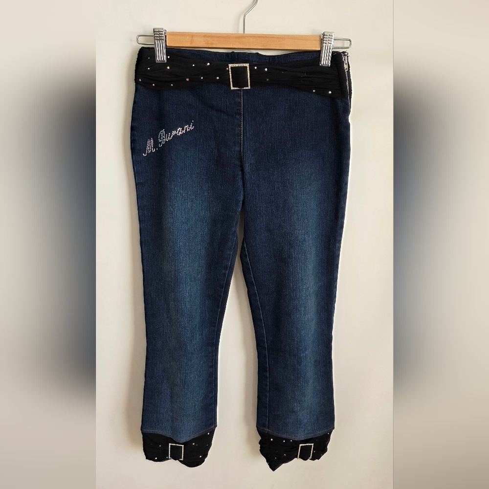 Rare Y2K Mariella Burani Denim Low Rise Capri With Mesh & Swarovski Crystals